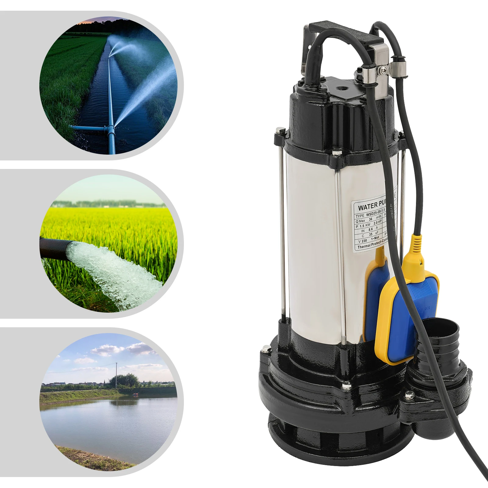 Tauchpumpe, 36000 l/h, Abwasser, schmutzige Abflusswasserpumpe mit Schwimmerschalter, Sumpf, 2 PS, industrieller Tauchpumpe aus Edelstahl