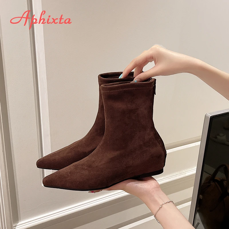 Aphixta Suede Upper Woman Modern Boots 5cm Height Increasing Short Boots Shoes Sexy Pointed Toe Black Zipper Concise Ankle Boot