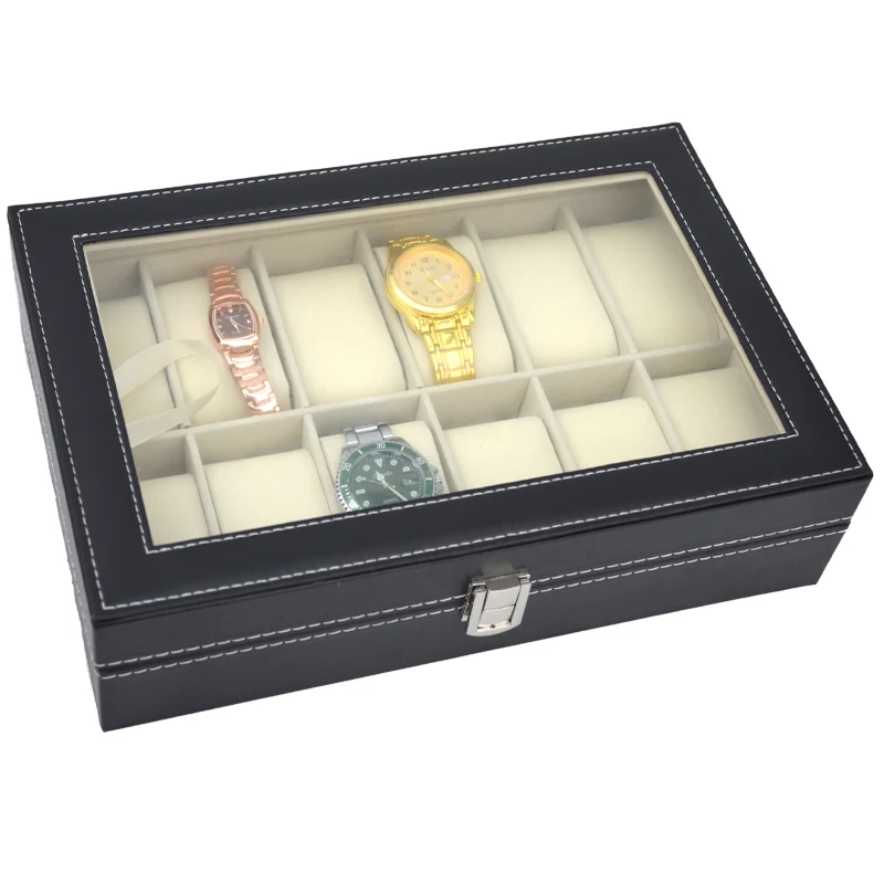 PU Leather Watch Storage Box For Men Display Case Glass Top