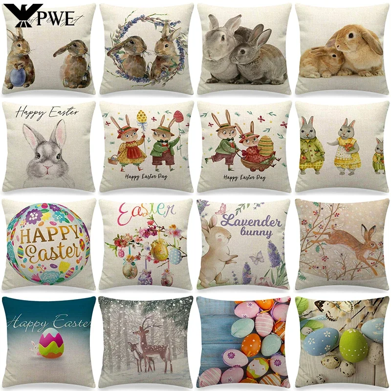 EasterCushionCoverCuteBunnyEggsPrintedPillowCovers45x45cmInchesEasterDecorationsHare