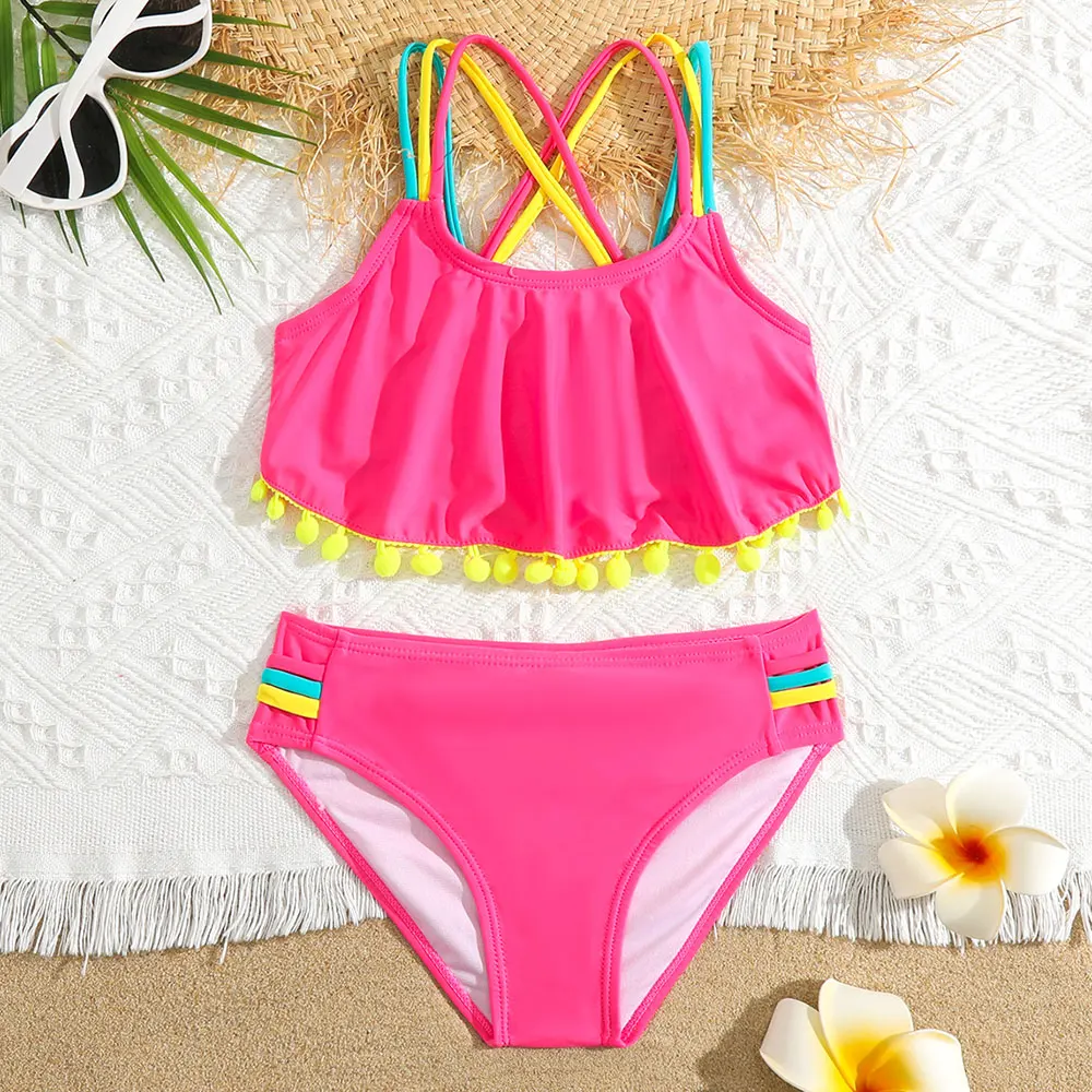

5-12 Years Ruffle Flounce Girl Swimsuit Kids Criss Cross Back Bikini Pompom Decorated Two Piece Children's Swimwear Bathing Suit