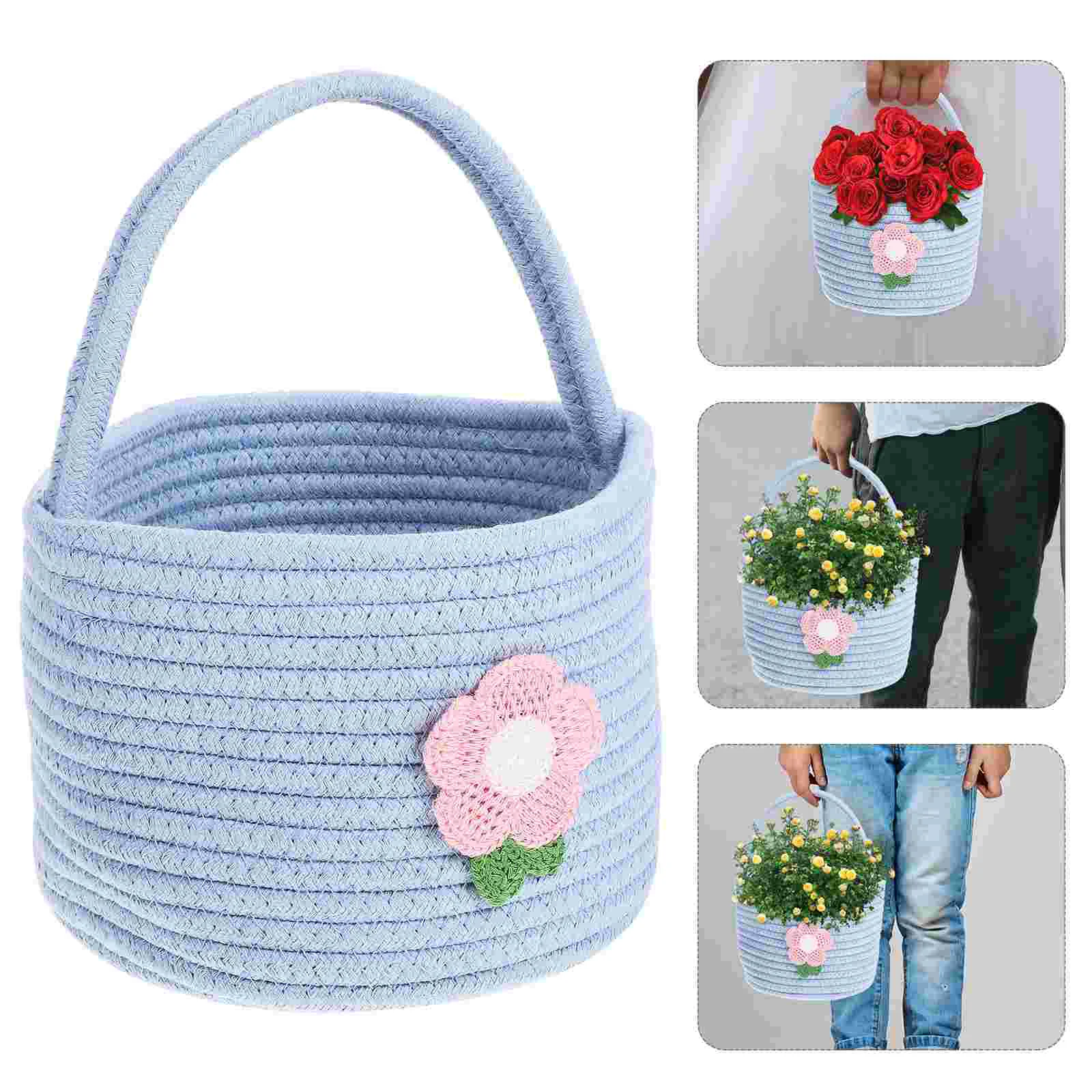 

Flower Woven Basket Woven Storage Basket Cute Cotton Rope Storage Basket with Handle