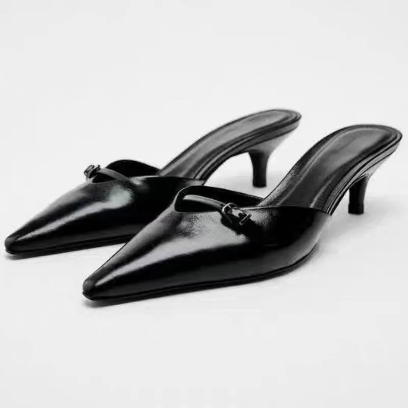 Women Slingbacks Sandals summer Pointed Toe Chic Buckle Black Party High Heels Lady Mules Shoes