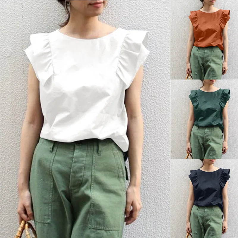 

Women New Casual Round Neck T-Shirt Solid Color Ruffle Sleeveless Slim Top Summer Plus Size Round Neck Loose Pullover Blouse