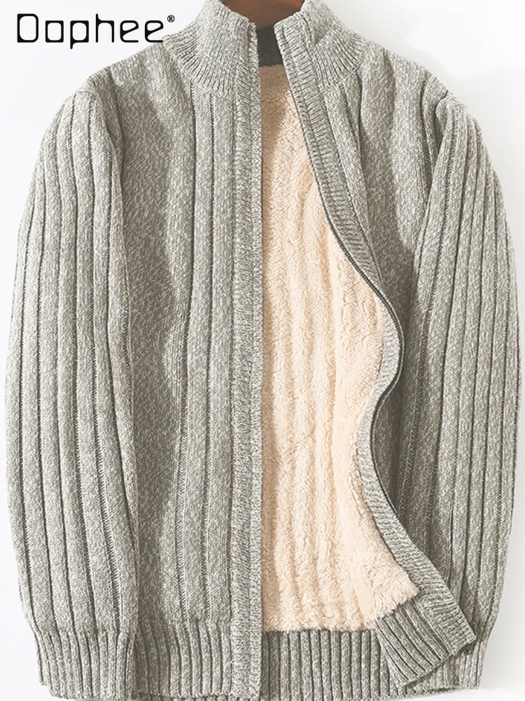 가을 겨울 스트라이프 디자인 두꺼운 플리스 블루 블랙 스웨터 남성용 스탠드 칼..