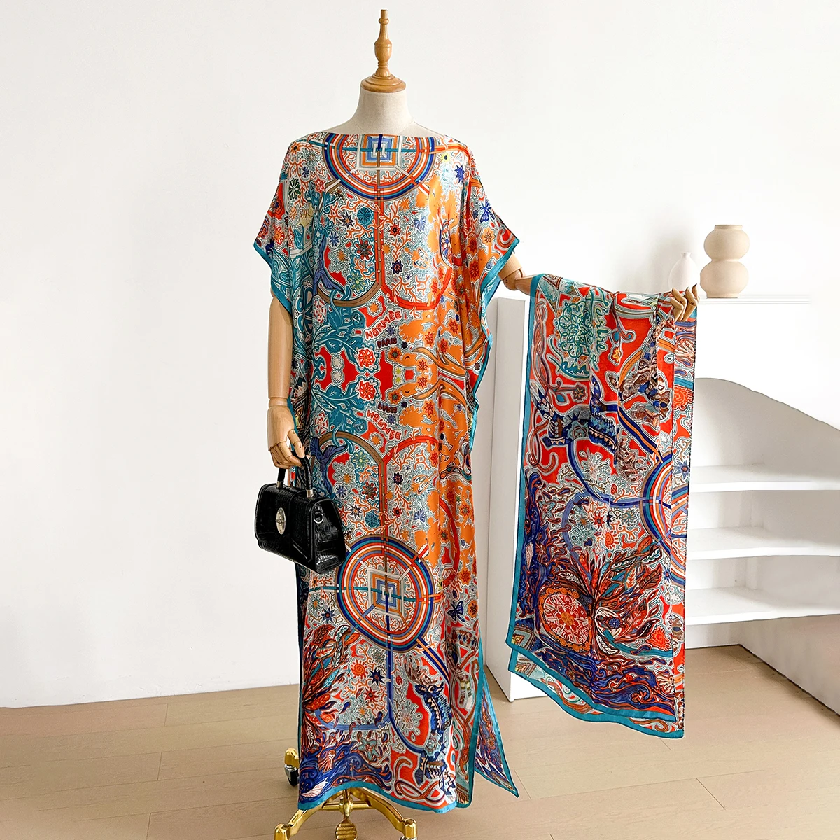 New African For Women Summer Sun protection Short Sleeve Cotton Dress Gold Stamping Loose Lady Maxi Print Dress With Big Scarf