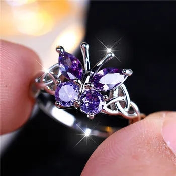 Elegant Female Purple Butterfly Zircon Stone Engagement Ring Silver Color Summer Wedding Jewelry For Women