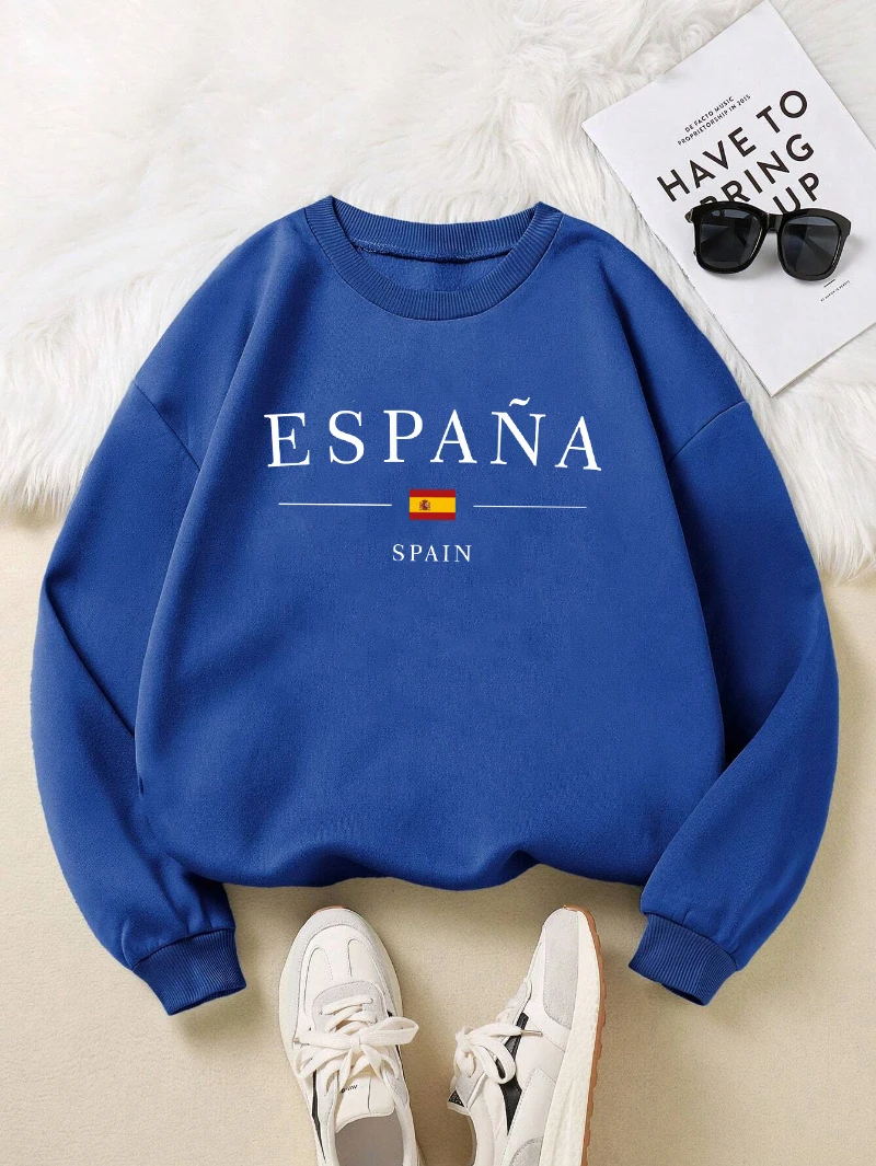 Espana 스페인 국기 디자인 Womens Y2K 스웨터 All-Match 루즈 풀오버 가을 양털 streetwear 캐주얼 o 넥 의류