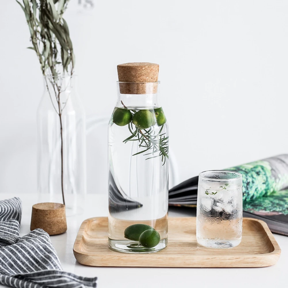 Nordic Style Glass Carafe Water Pitcher with Wood Lid Cold Drinks Tea Jug  Waterkoker Household Drinkware Clear Water Bottle