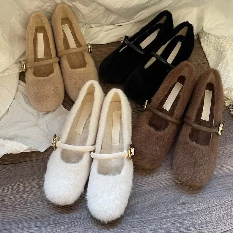 Women's Fashion Flat Cotton Shoes Autumn Winter New Pointed Soft Sole Anti-slip Single Shoes Luxury Plush Flat Mary Jane Shoes
