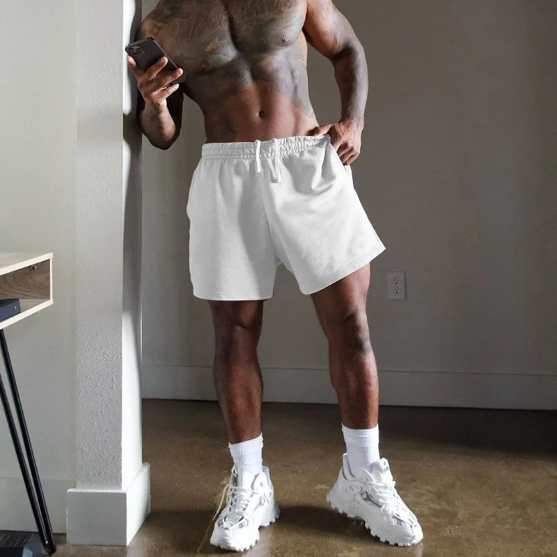 

Шорты мужские спортивные из дышащего хлопка, повседневные Простые однотонные модные короткие штаны со шнуровкой на талии, для фитнеса, на лето