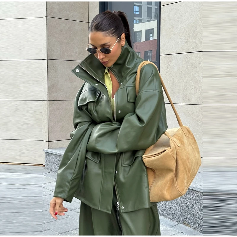 Women Waist Cinching Leather Jacket Solid Stand Neck Zipper Pocket Loose Jackets Lady New Vintage Fashion Street Outwear 2026