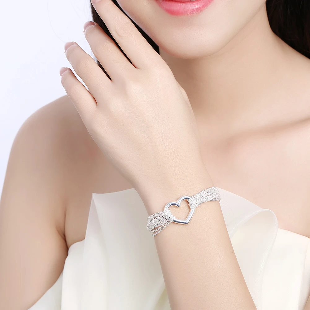 925 Sterling Silver Tassel Chain Heart Bracelets Neckalce for Women