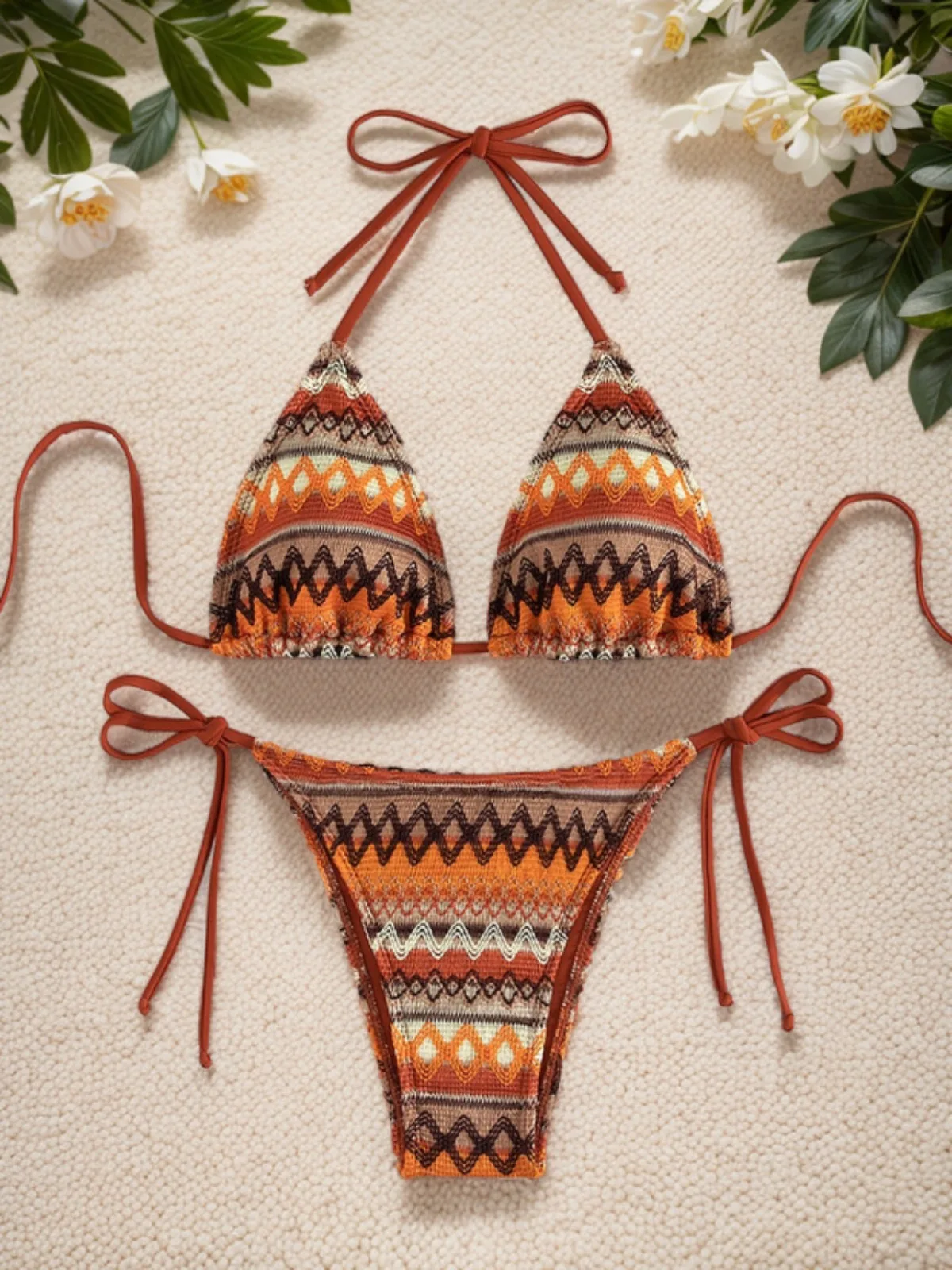 2024 Women's 2-piece Swimsuit Sexy Knitted Striped Bikini Set Triangle Bra Suspender Halter Backless Beach Vacation Swimwear