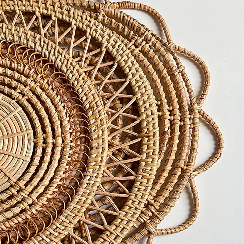 Bohemian Style Handmade Rattan Wall Hang Decor Round Wicker Tray Woven Wall Hanging Decor Country Style For Living Room Bedroom