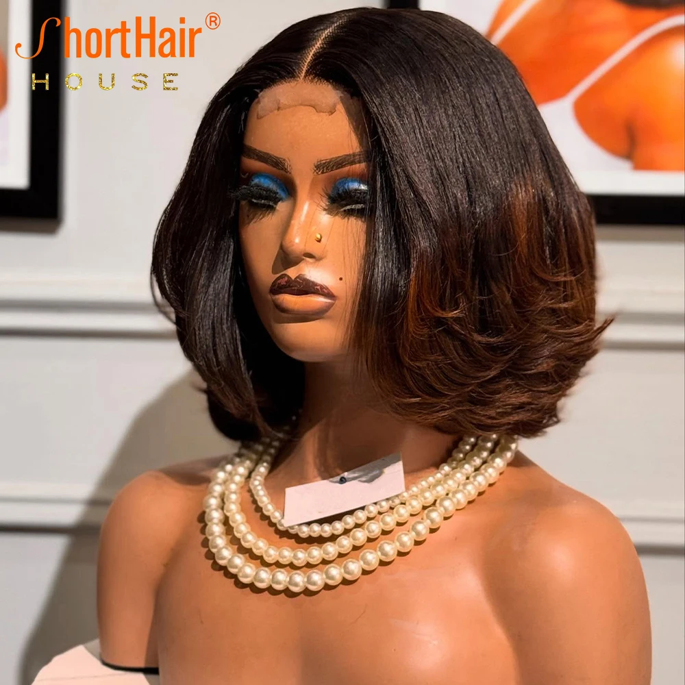 Human Hair Wigs Brown Highlight Pre-cut Lace Closure Wigs Glueless Human Hair Brazilian Reddish Brown Wavy Layered Wave