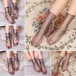 1Pair Retro Sexy Dot Lace Floral Mesh Socks Women Transparent Middle Tube Sock Female Breathable Ultra-Thin Princess Tulle Sock