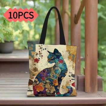 1/5/10 pièces Sac fourre-tout à motif floral de chat, Sac à bandoulière esthétique en toile pour l'école, Sac de courses léger