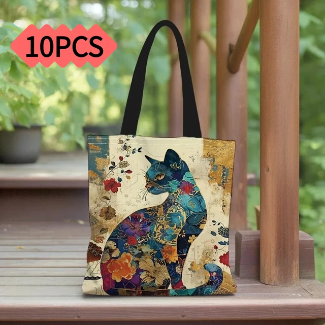 1/5/10 pièces Sac fourre-tout à motif floral de chat, Sac à bandoulière esthétique en toile pour l'école, Sac de courses léger