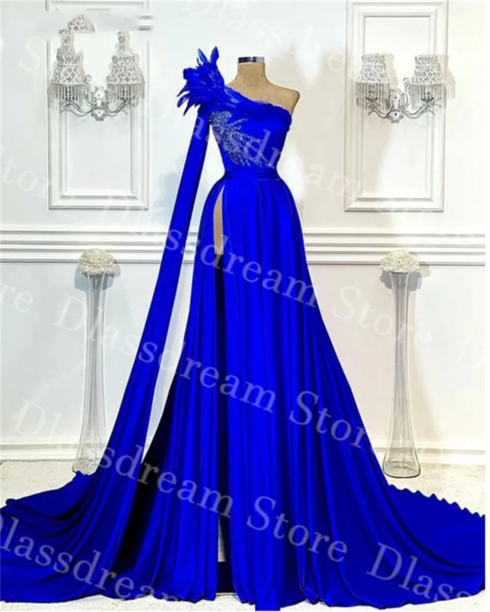 

Elegant Royal Blue Evening Dresses With Wrap A Line Feather Elegant Prom Dress Luxury Appliqued Beaded Arab Dubai Prom Dress