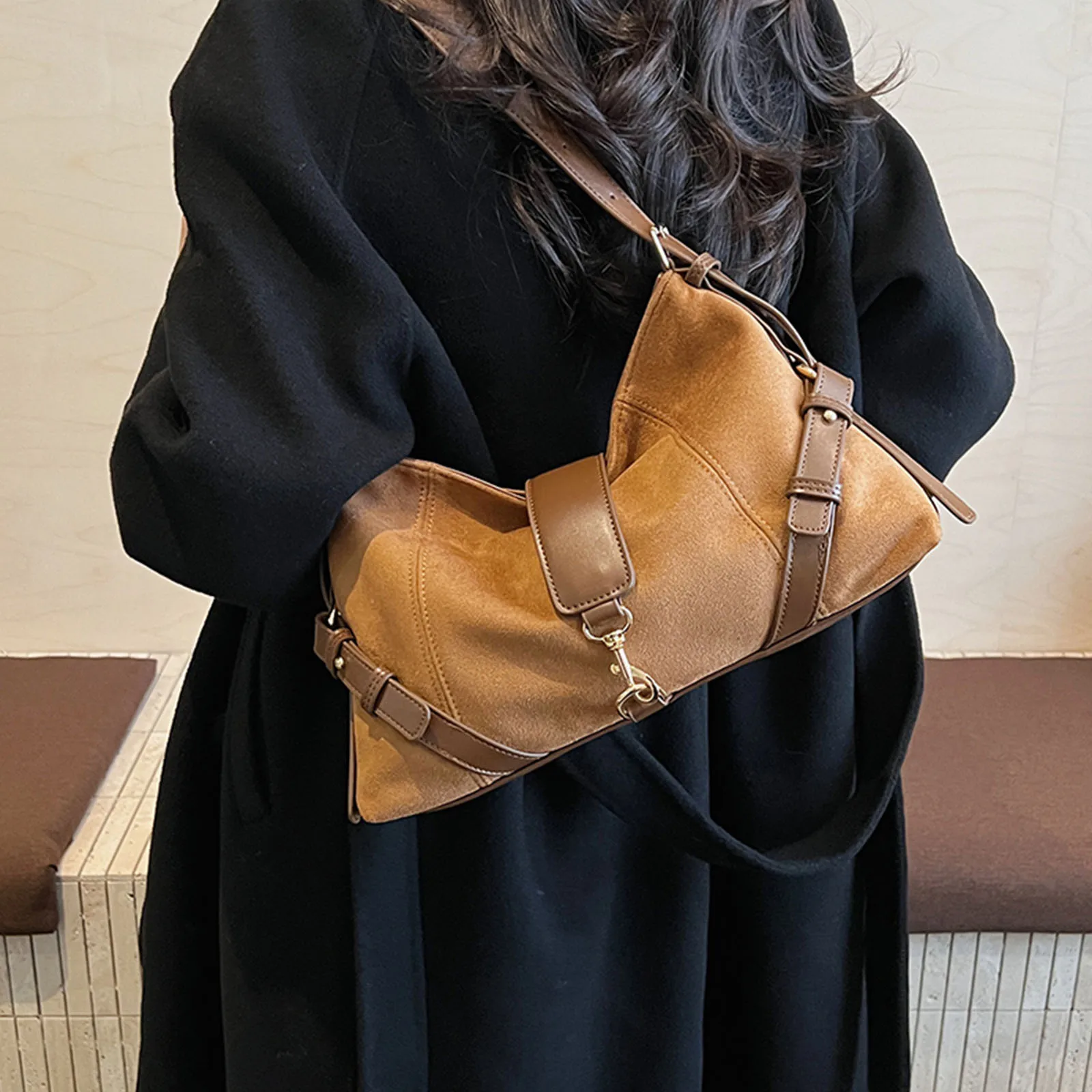 Women Girls Faux Suede One Shoulder Armpit Bag with Adjustable Straps Underarm Shoulder Bag for Travel Shopping Work Daily Use