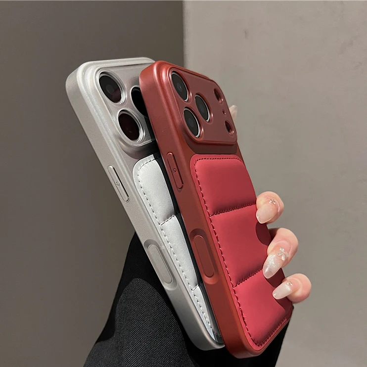 Luxury Down Jacket Phone Case with Shockproof Dual-Layer Armor and Large Window Cover