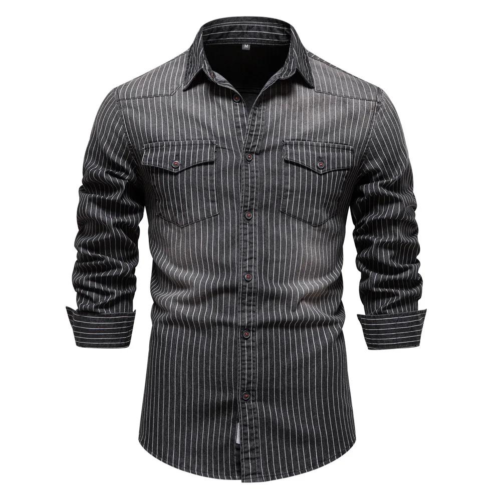 

Cotton Mens Denim Shirts Striped Stretch Long Sleeve High Quality Jeans Shirts For Men Casual Slim Cowboy Shirt Chemise Homme