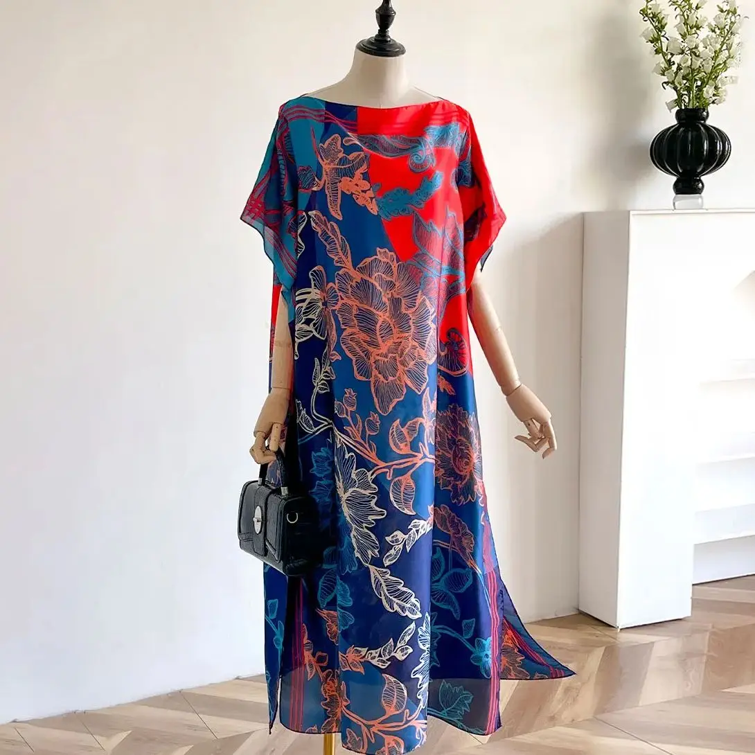 Spring and Summer Fashion African Dresses For Women Elegant Printed Silk Muslim Lady Kaftan Dress Sun Protection Kuwait Abaya