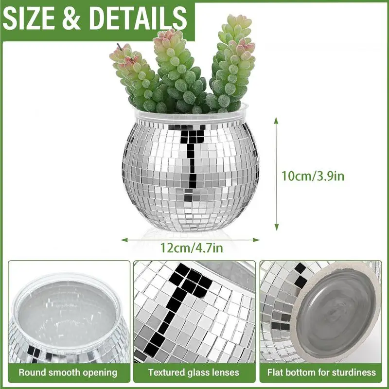 Disco Ball Flower Pot Disco Ball Flower Vase Silver Mirror Glass Decor Vase Planter Disco Ball Plant Holder for home decoration 6