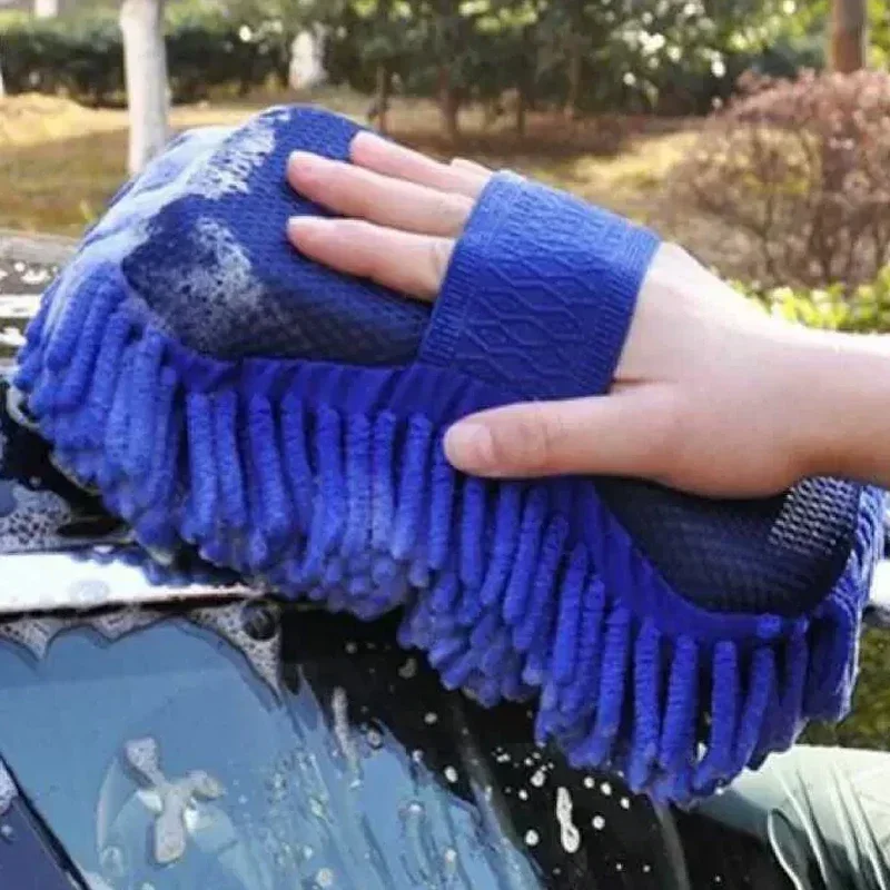 2Pc Blue Microfiber Chenille Car Wash Sponge Care Washing Brush Pad Cleaning Tool Auto Washing Towel Gloves Styling Accessories 2