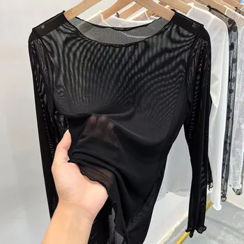 Ice Gauze Bottom Blouse Women Summer Transparent Sunscreen Sand T-shirt Long-sleeved Perspective Skin Coat Lace Top 1