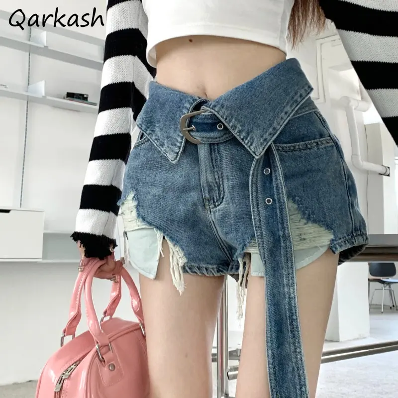 

Denim Blue Shorts Women Hot Girls Vintage Ripped Chic High Waist Y2k Fashion with Belt Tender American Style Summer All-match