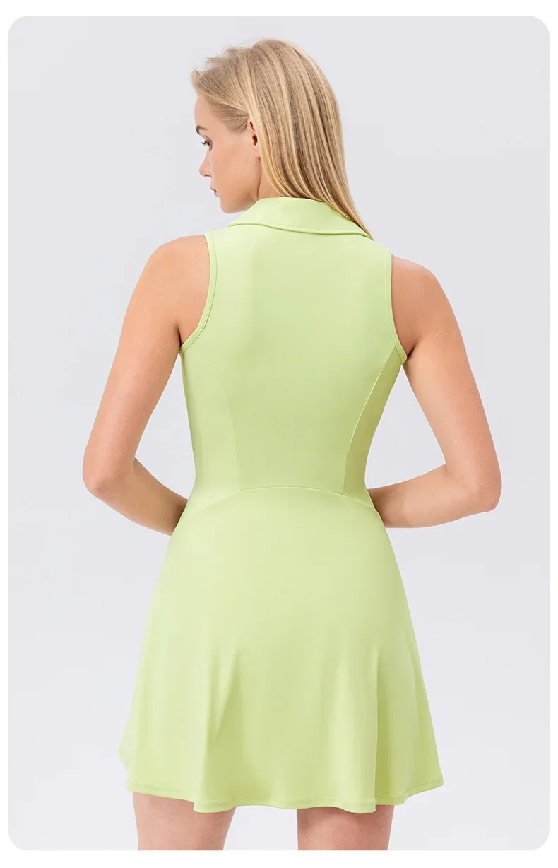 Women Summer Tennis Dress Solid Color Lapel Slim Fit Running Skirt Breathable Golf Dress Yoga Wear Workout Clothes
