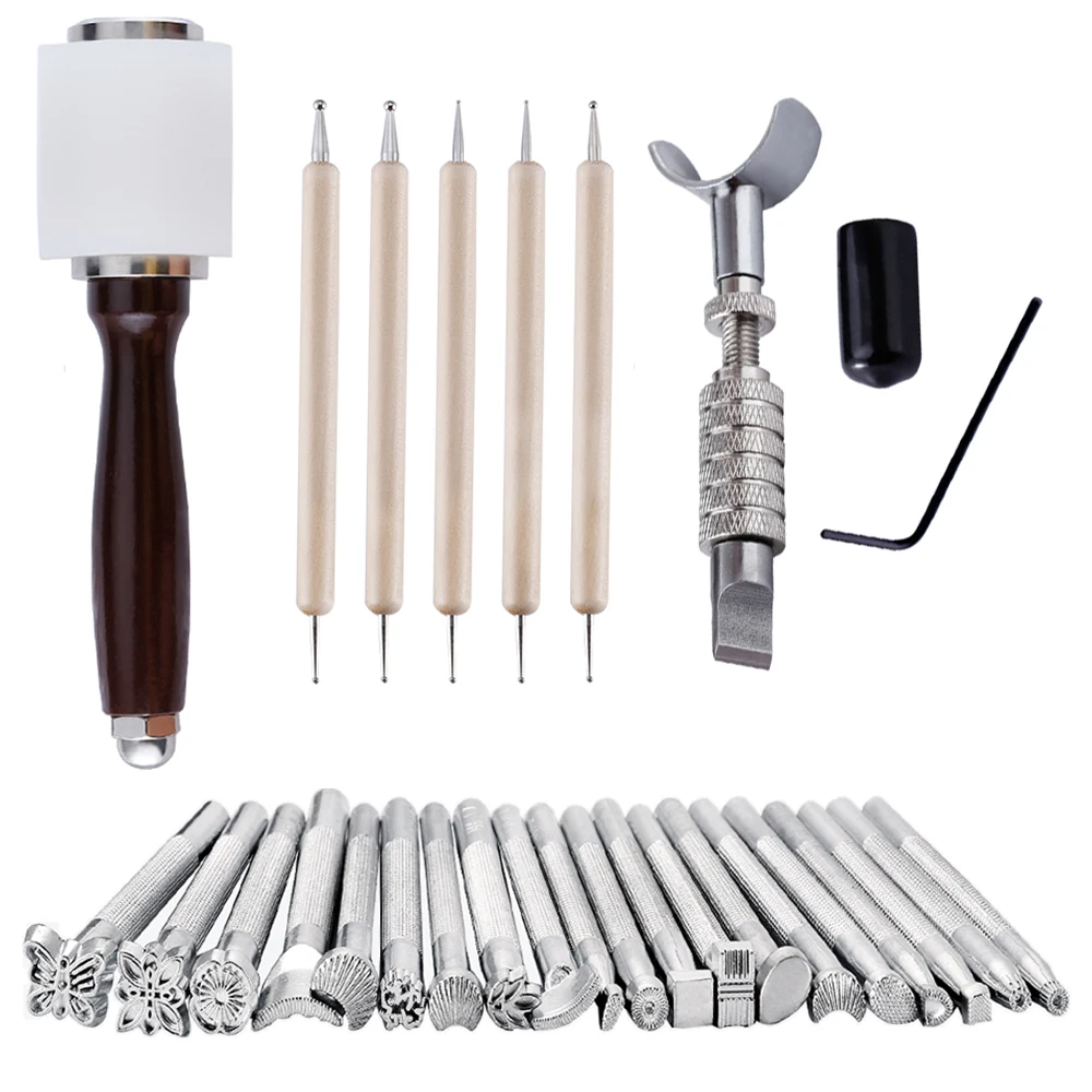 KRABALL Leather Stamping Kit Stainless Steel Leather Carving Tools Rubber Hammer Working Saddle Making for Craft