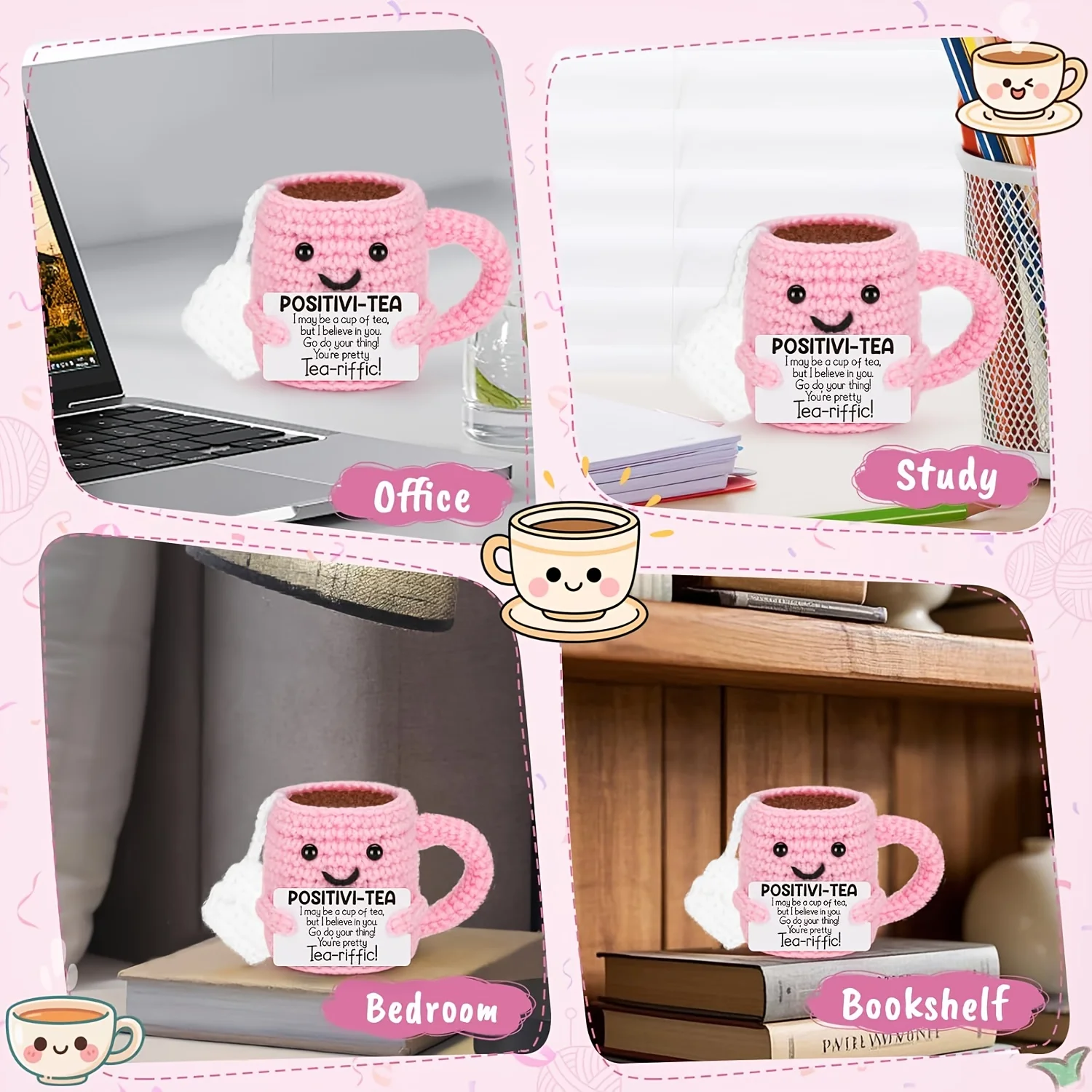 Handmade DIY Crochet Mini Teacup Kit Pink Color Cute Gift for Teachers Friends Birthday Party Decor Emotional Support