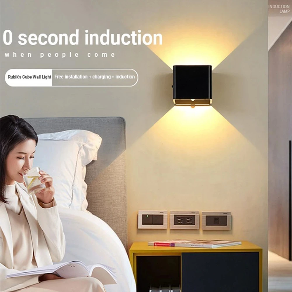 LED Binnen Dimbaar Wandverlichting met Bewegingsmelder Wandlamp USB Oplaadbaar Draadloze, Batterij Aangedreven Draadloze Draagbaar Magnetisch Nachtlampje Sensor Trap Gang Muur Licht (1 Stuk,Grijs