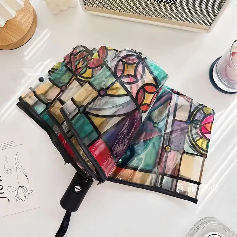 Vintage Stained Glass Automa Umbrella Glass Painted Transparent Vintage Parasol Portable Automatic Opening Folding Umbrella