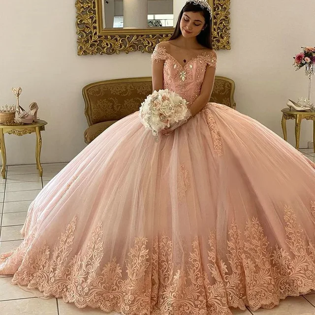 Vestidos Rosa De Manga Larga Para Quinceañera, Vestido De Baile