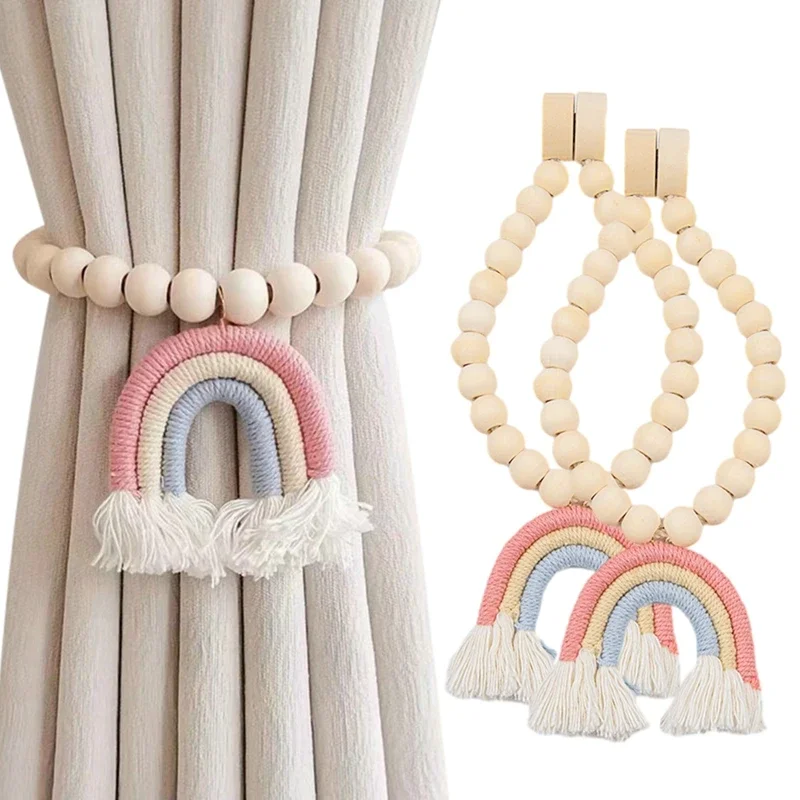 Boho Bead Garlands Curtain Tiebacks Rainbow Tassel Wood Bead Curtain Rope Holdback Farmhouse Holders For Drape Decor 2pc curtain accessories curtain tiebacks