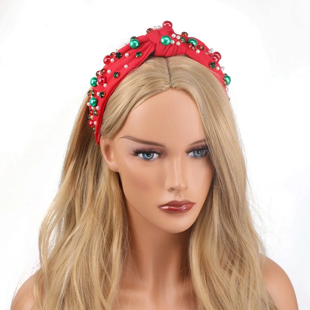 Wide Edge Christmas Hairband Fashion Headwear Rhinestone Knot Headband Red Green Hair Jewelry Crystal Beads Hair Band Holiday