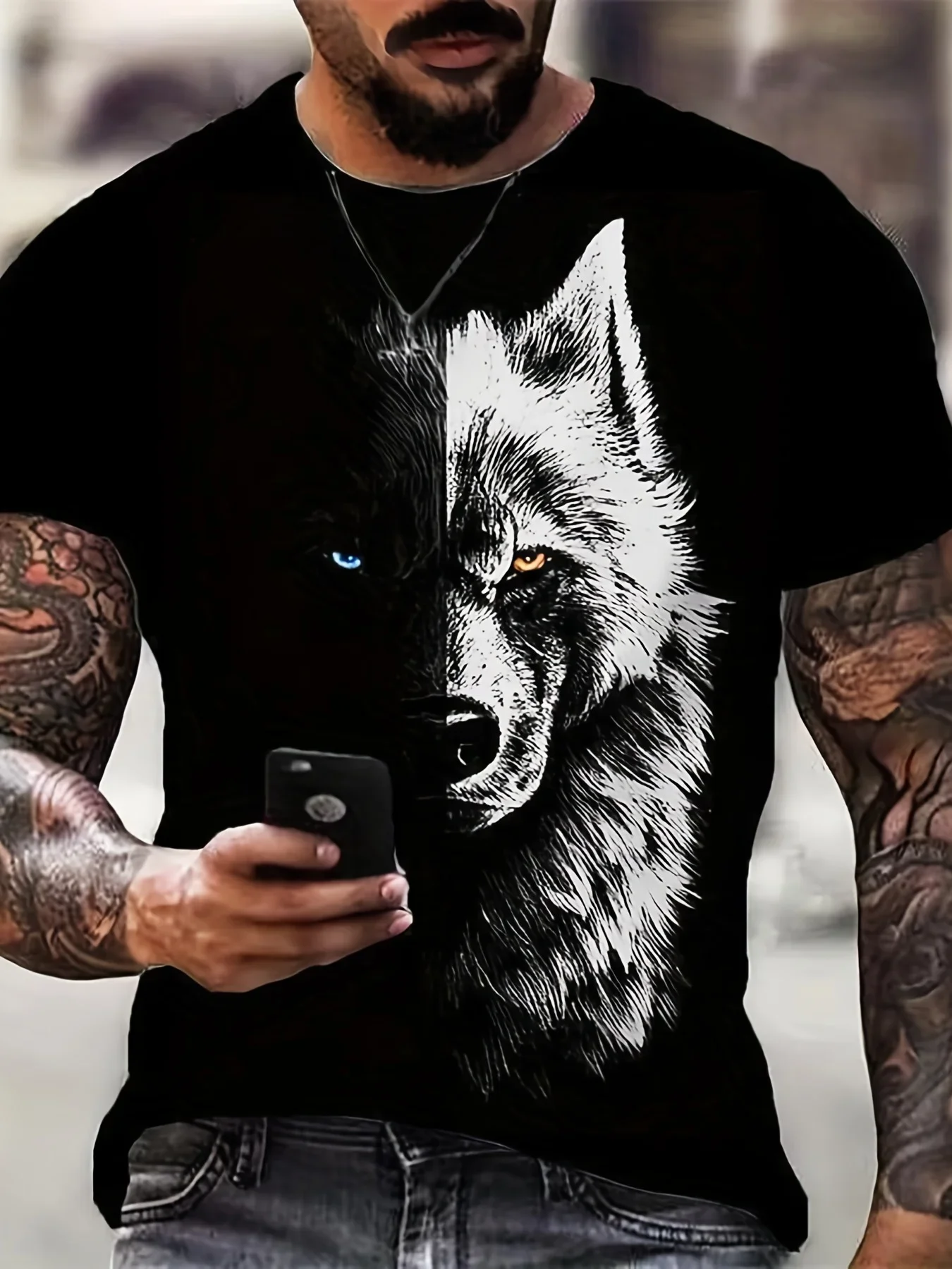 

2023 New Men's T-shirt Wolf Digital Print Round Neck Fashion Street Wear Casual Short Sleeve Top T-shirt