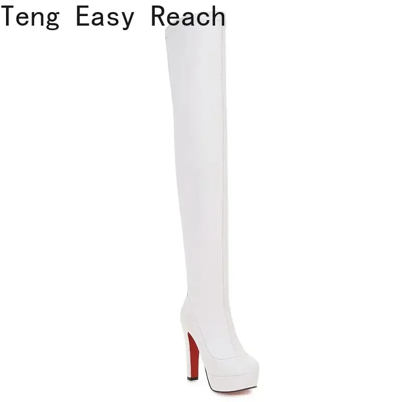 White Platform Women Boots Stertch Pu Leather Over The Knee Boots Fashion Square High Heel Long Boots Autumn Winter Zip Shoes - Image 3
