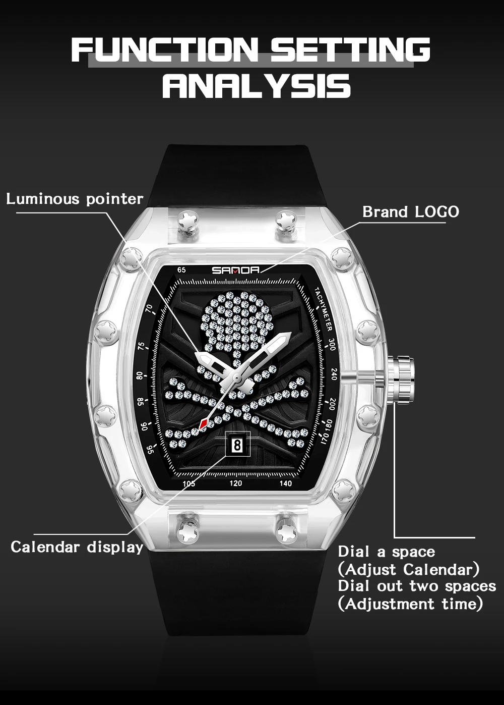 SANDA Sanda New 7051 Hot Selling Men's Quartz Watch Fashion Trend Cool Brick Embedding Skeleton Head Wristwatch