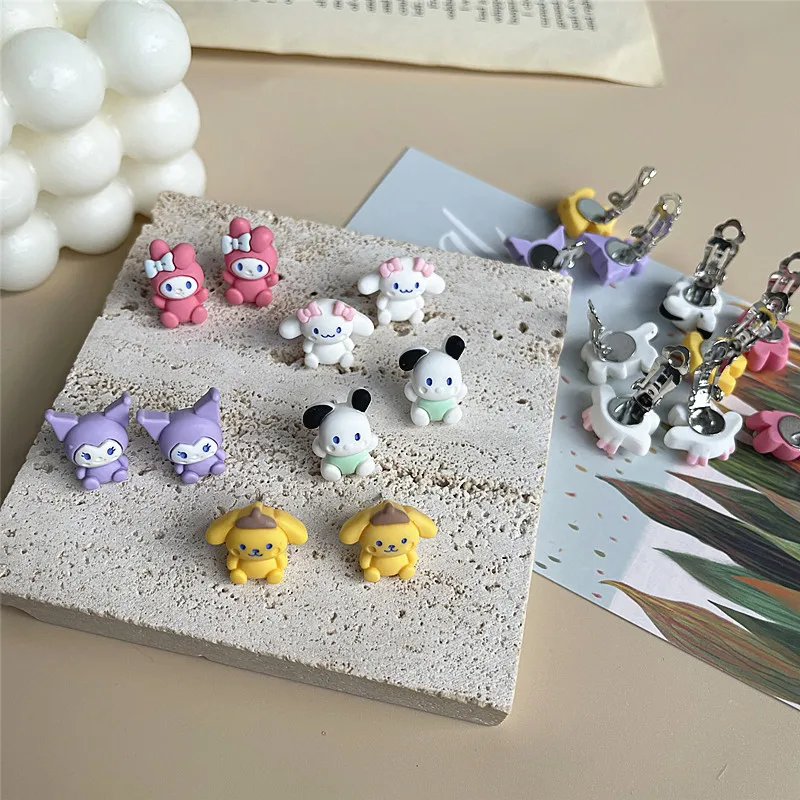 

Sanrio Mymelody Purin Cinnamon Oroll Pochacco Kuromi Cartoon Earrings Silver Pin Earrings Simple and Cute Earrings and Clips