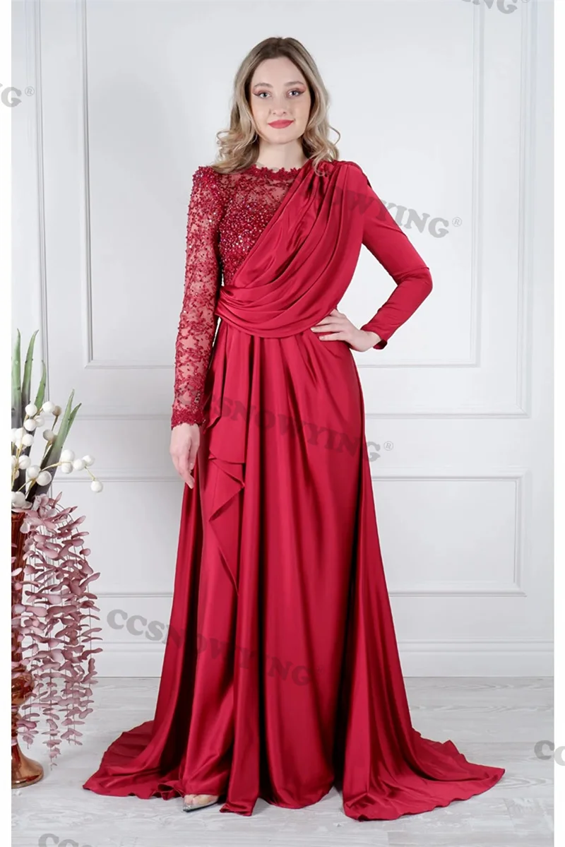 

Red Satin Appliques Beaded Evening Dresses Long Sleeve Scoop Neck Formal Party Gown Arabic Dubai Women Robes De Soirée