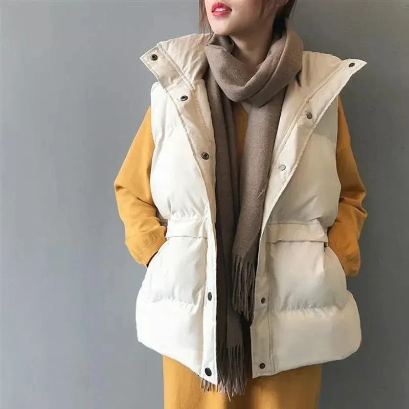 New Women Casual Loose Down Cotton Vests Winter Parkas Warm Padded Coat Oversize Waistcoat Fashion Stand Collar Sleeveless Coat