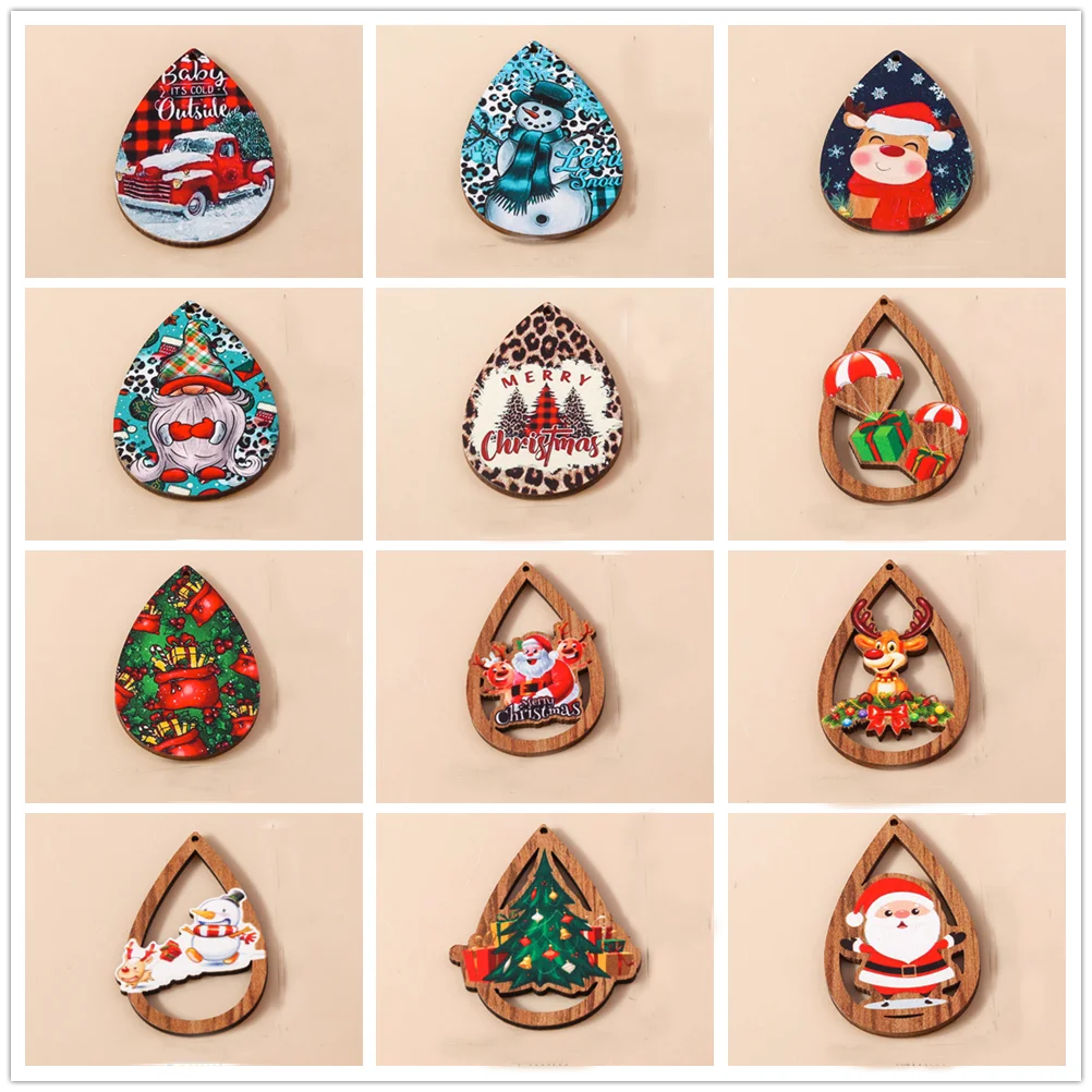 Leslie 10 Stück modische Weihnachtsanhänger aus Holz, niedlicher Weihnachtsbaum, Hirsch, Schneemann, Anhänger für Ohrringe, Halskettenherstellung, Zubehör