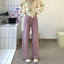 

Pink Drawstring Plaid Casual Sweatpants Trousers Joggers Women's Vintage Streetwear High-waist Straight Loose Wide-leg Pants