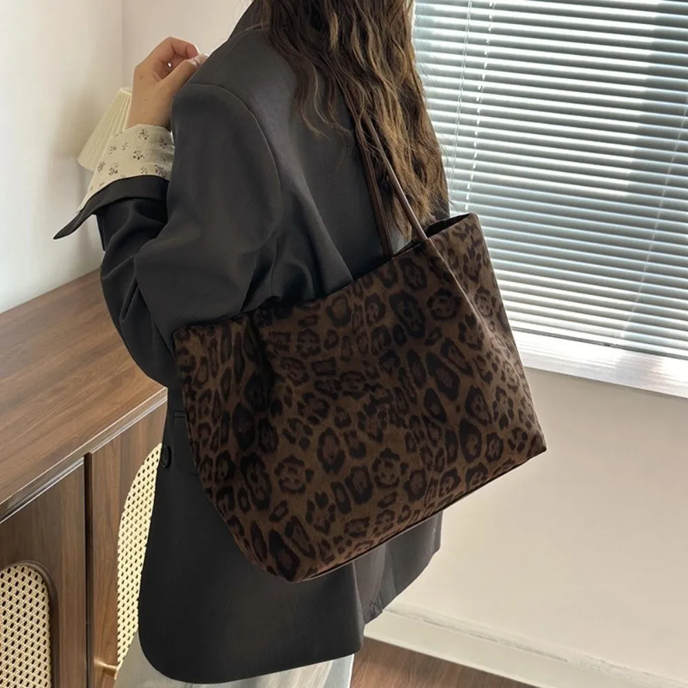 Fashion Leopard Print Shoulder Bag Suede Large Capacity Tote Bag Magnetic Buckle Thickened Design Women Handbag