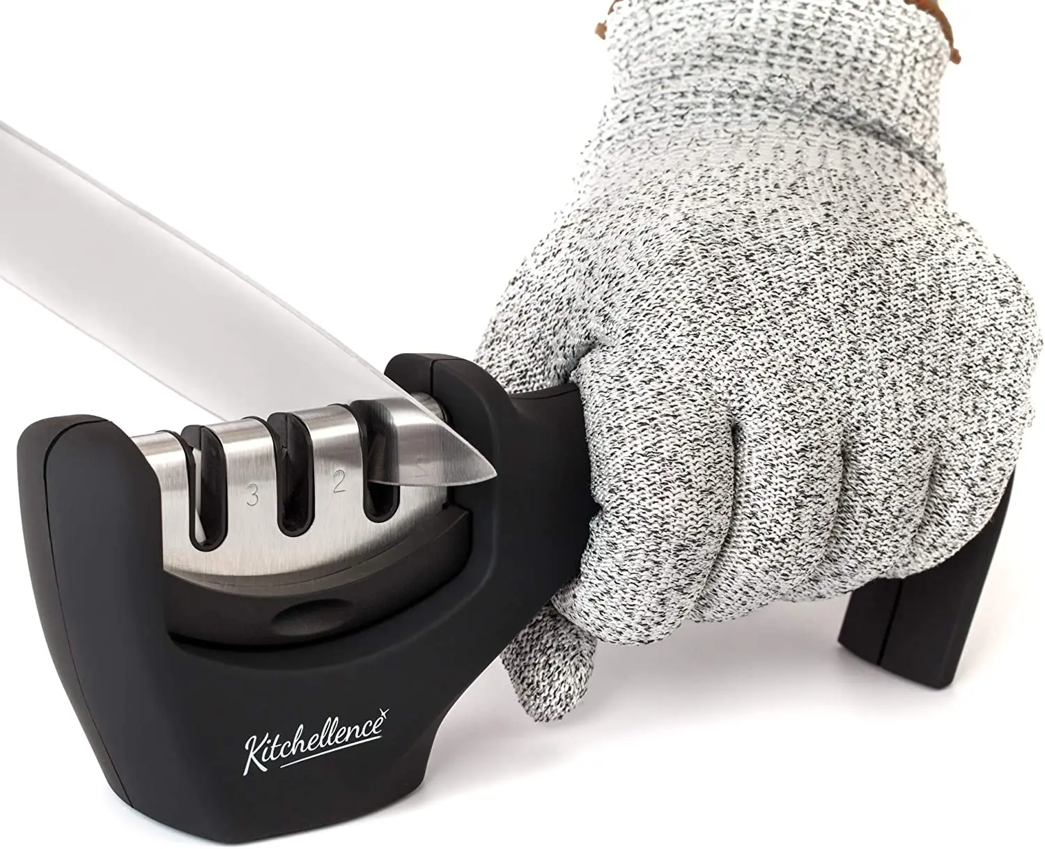 

4-in-1 Kitchen Knife Accessories: 3-Stage Knife Sharpener Helps Repair, Restore, Polish Blades and Cut-Resistant Glove